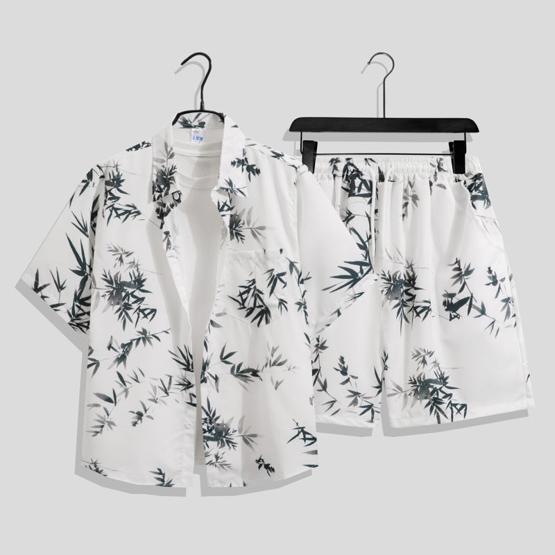 Ice Silk Quick Dry Couple Floral Loose Beach Shirt Shorts Set T3601-T3630
