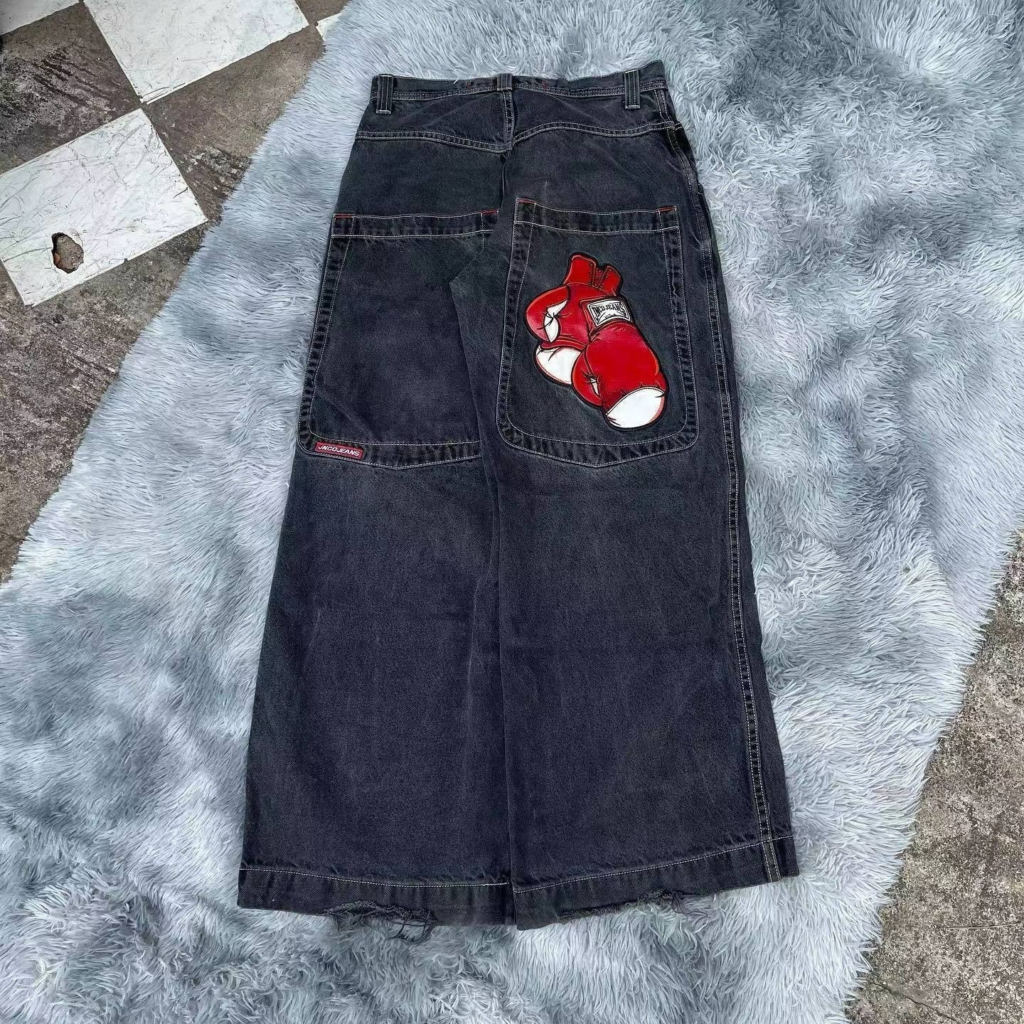 JNCO Style Y2K Baggy Jeans Drachen- & Poker-Stickerei Streetwear Denim-Hose
