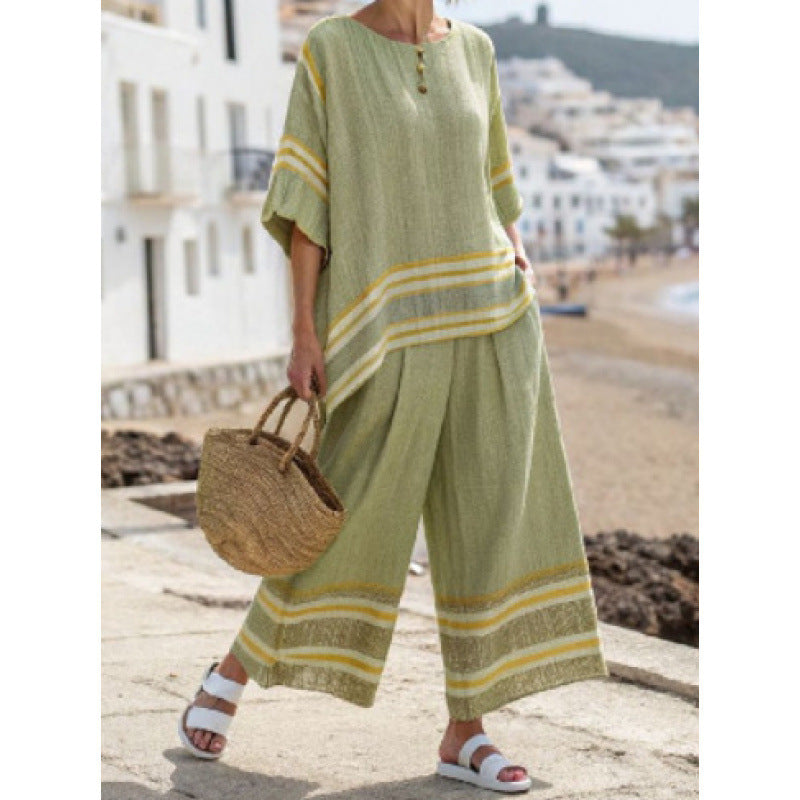 Women Boho Striped Plus Size Loose Kaftan Beach Set