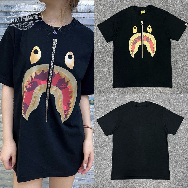 Bape Shark Camo Zip Graphic Oversized Tee Streetwear Unisex