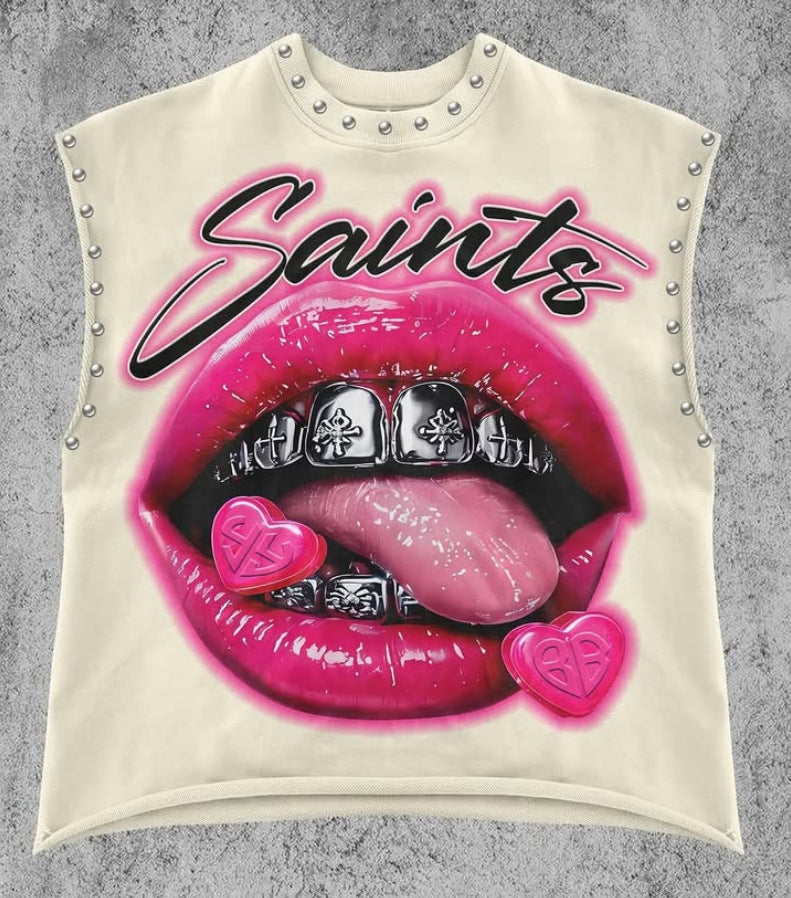 Vintage Multi Graphic Rivet Sleeveless Crop Tank Top