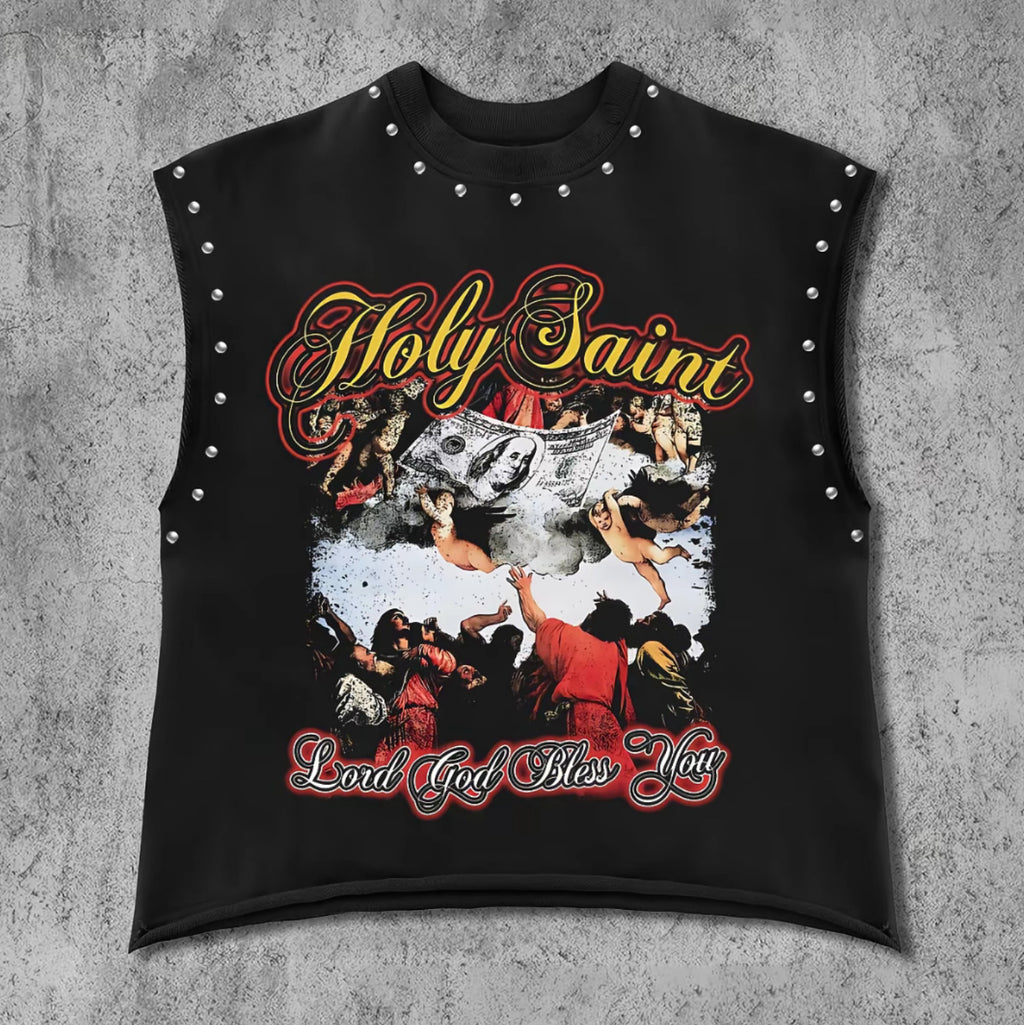 Vintage Letter Number Graphic Rivet Sleeveless Loose Vest Top Women