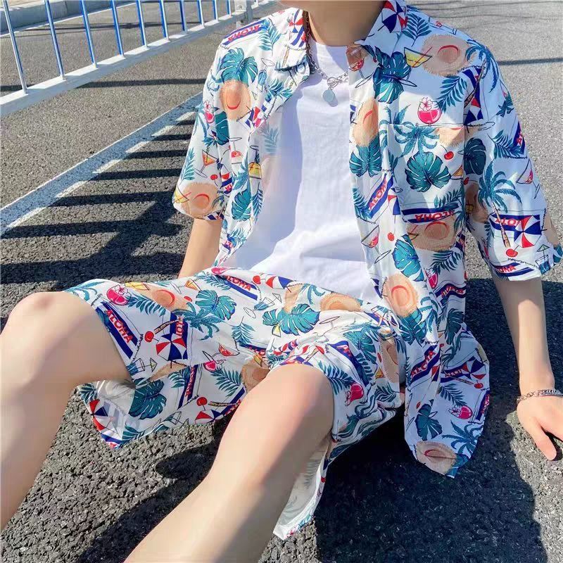 Couple Quick Dry Floral Loose Tropical Beach Shirt Shorts Set