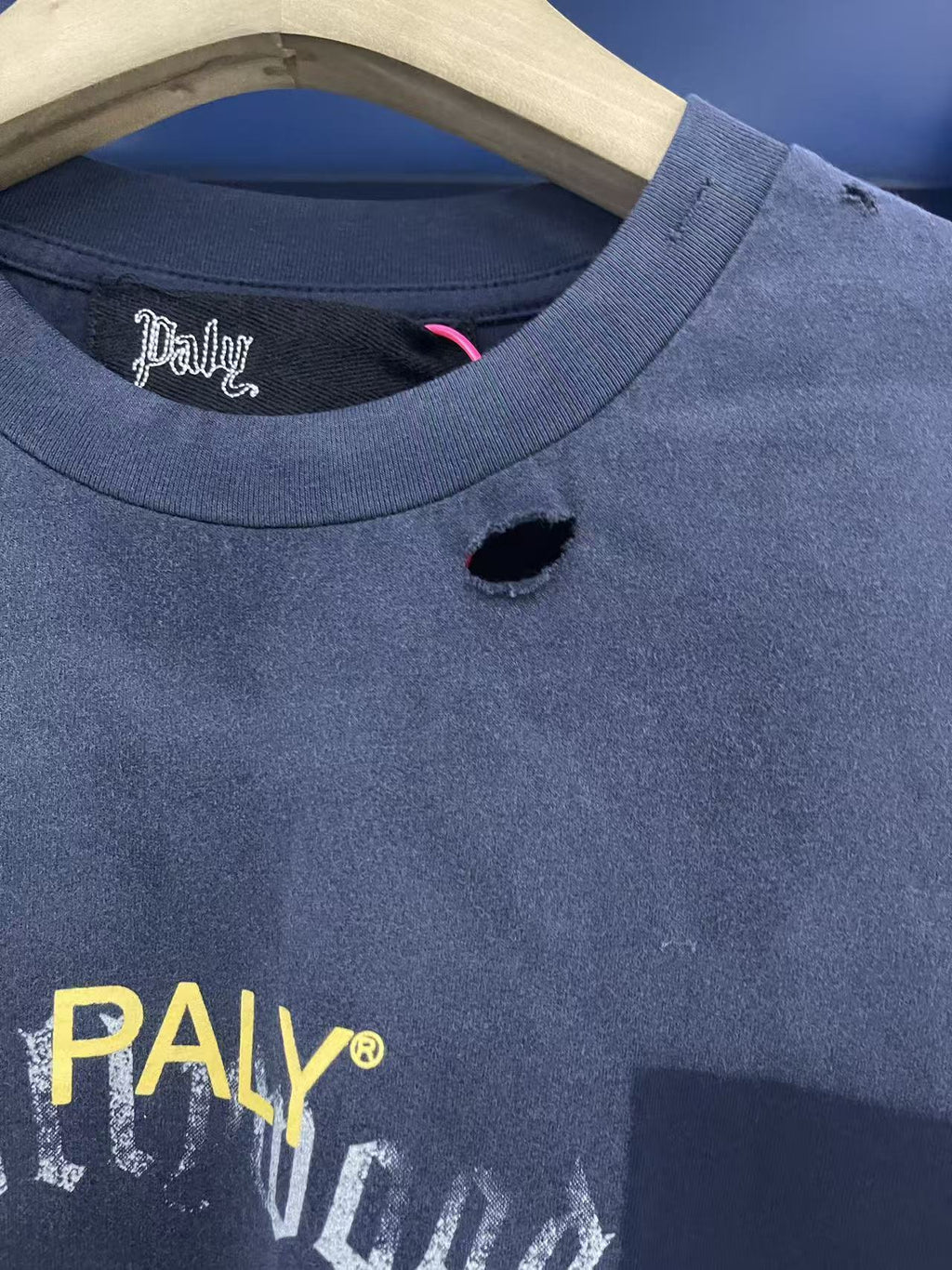 Paly Hollywood Letter Print Distressed Pocket Washed Crew Neck T Shirt