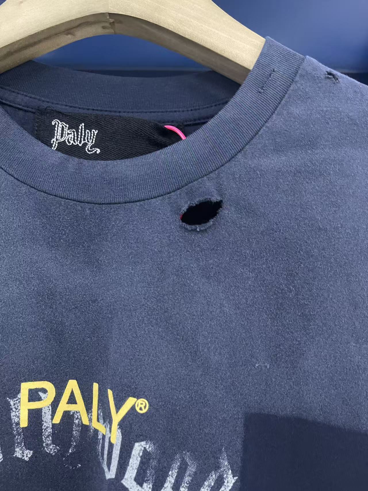 Paly Hollywood Letter Print Distressed Pocket Washed Crew Neck T Shirt