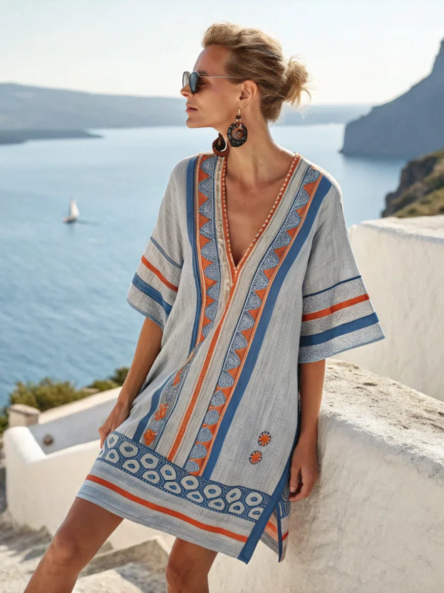 Women Boho Vertical Striped V Neck Loose Short Kaftan Beach Dress