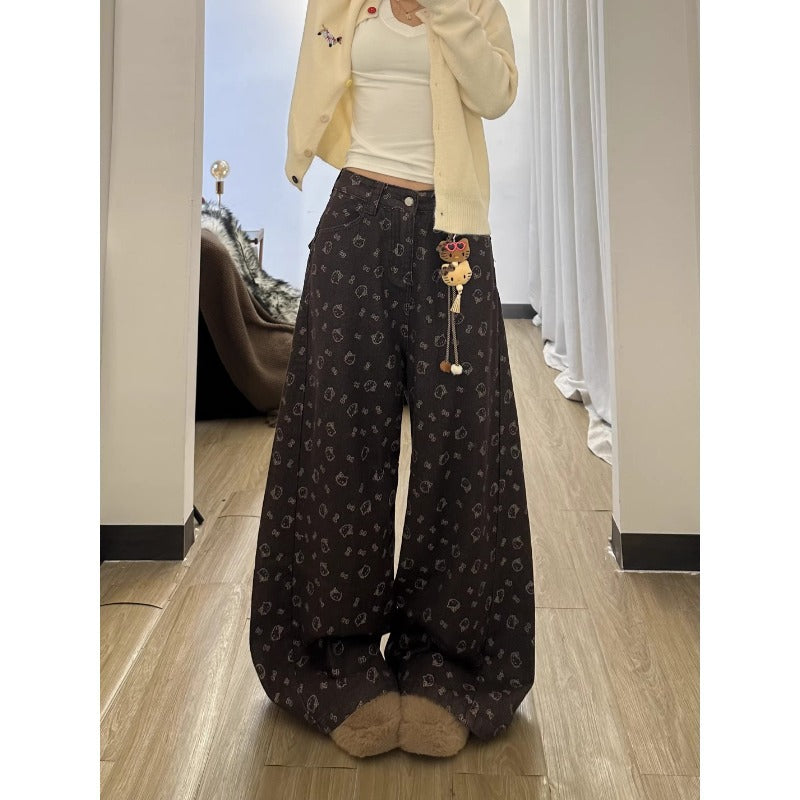Brown Hello Kitty Print Wide Leg Denim Jeans High Waist Loose Trousers