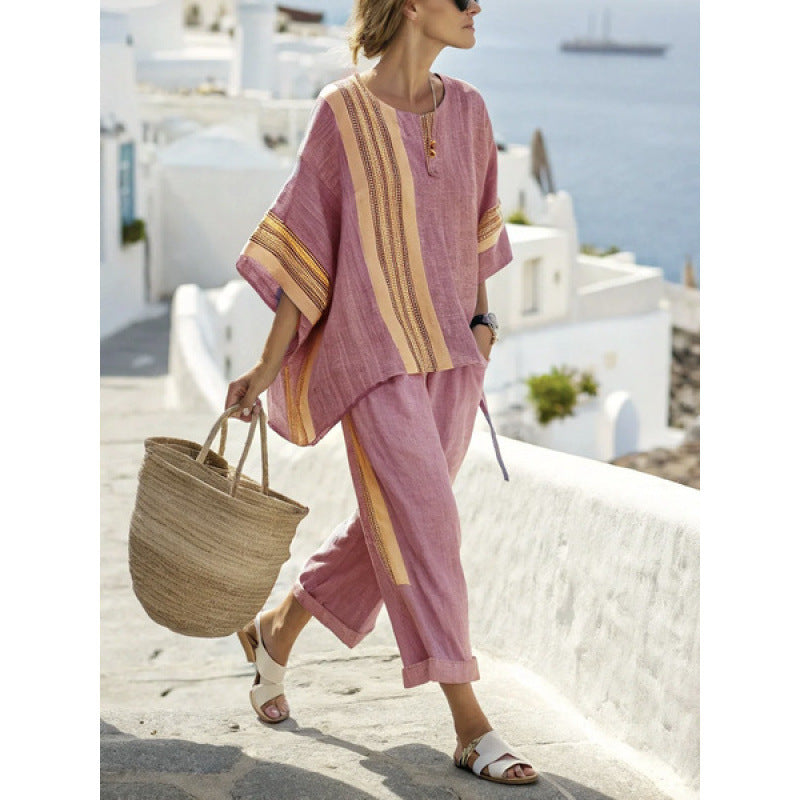 Women Boho Striped Plus Size Loose Kaftan Beach Set