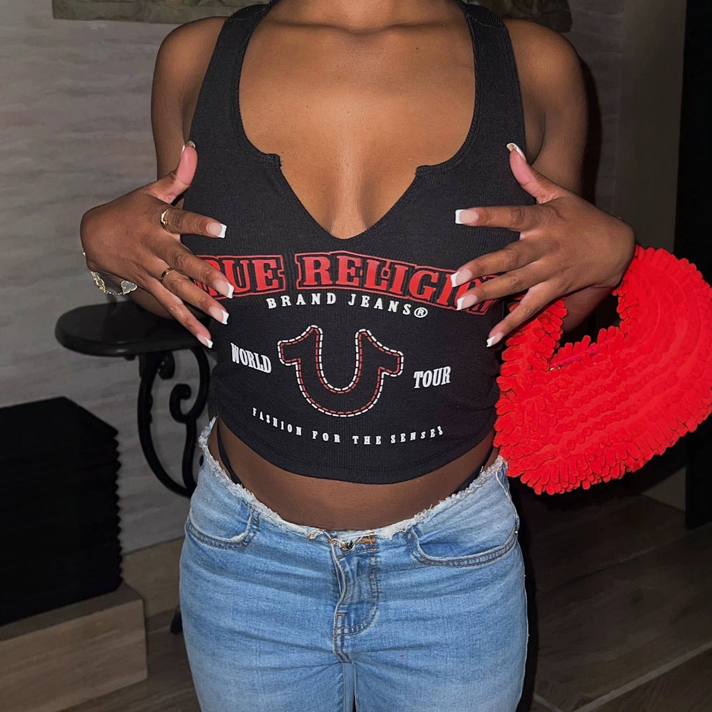True Religion Letter Print Notch V Neck Sleeveless Crop Tank Top Women