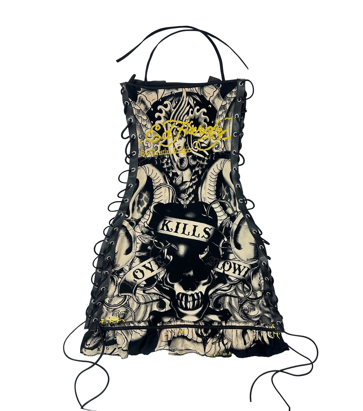 Vintage Skull Print Lace Up Cami Mini Dress Halloween