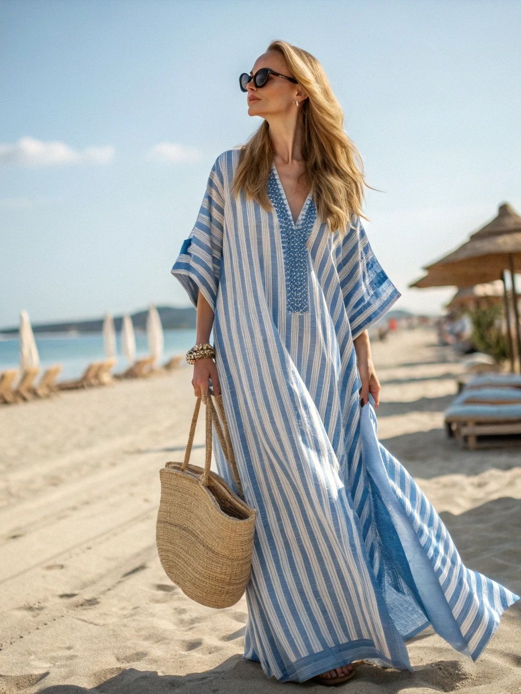 Women Boho Abstract Print V Neck Batwing Loose Kaftan Maxi Beach Dress