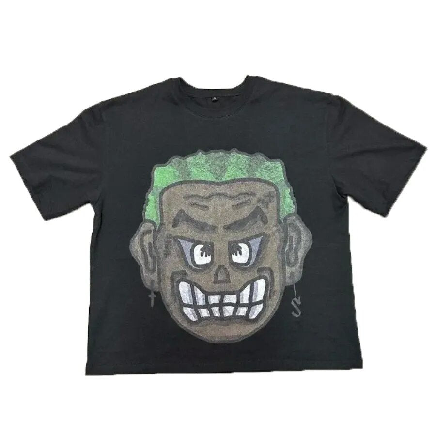 Merlin Worldwide Style Y2K Cartoon Portrait Oversized Vintage Baumwoll-T-Shirt