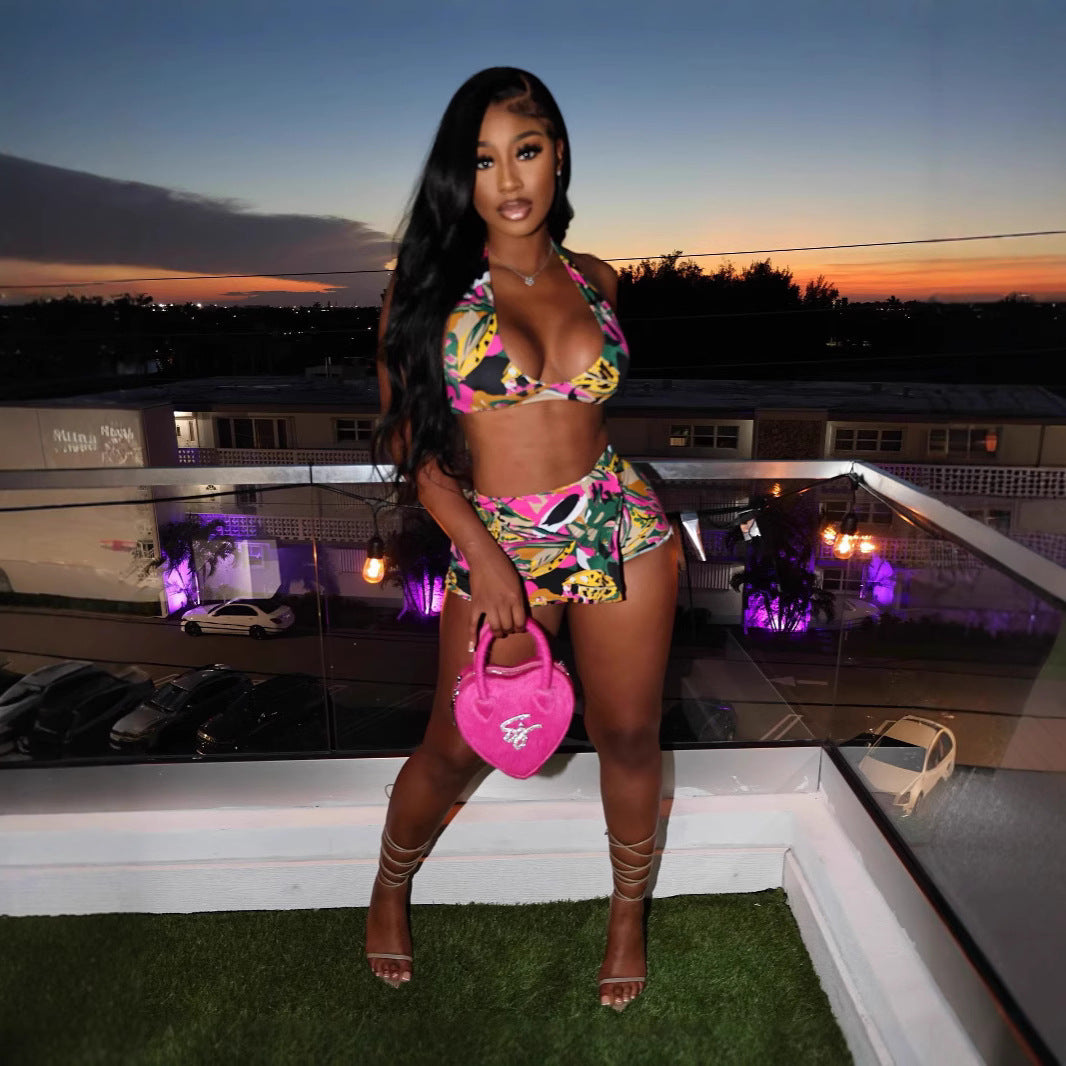 Tropical Print Halter Top Skort 2 Piece Set Women