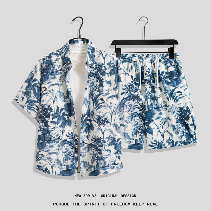 Ice Silk Quick Dry Couple Floral Loose Beach Shirt Shorts Set T3601-T3630