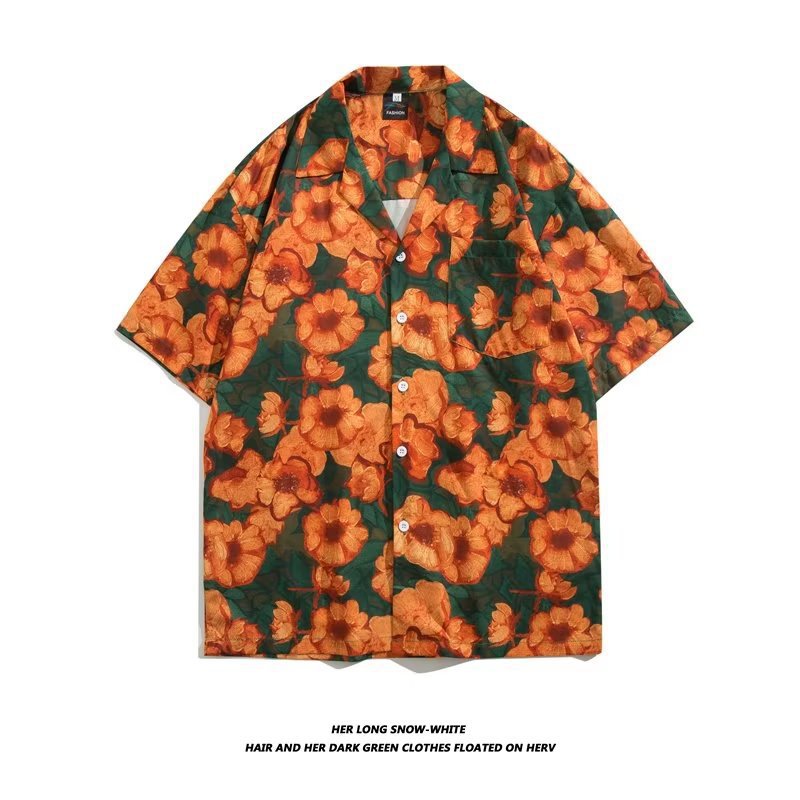 Unisex Vintage Camp Collar Tropical Floral Loose Beach Vacation Shirt 1301-1341
