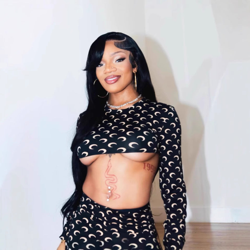 Marine Serre Moon Print Long Sleeve Crop Top Mini Skirt 2 Piece Set Women