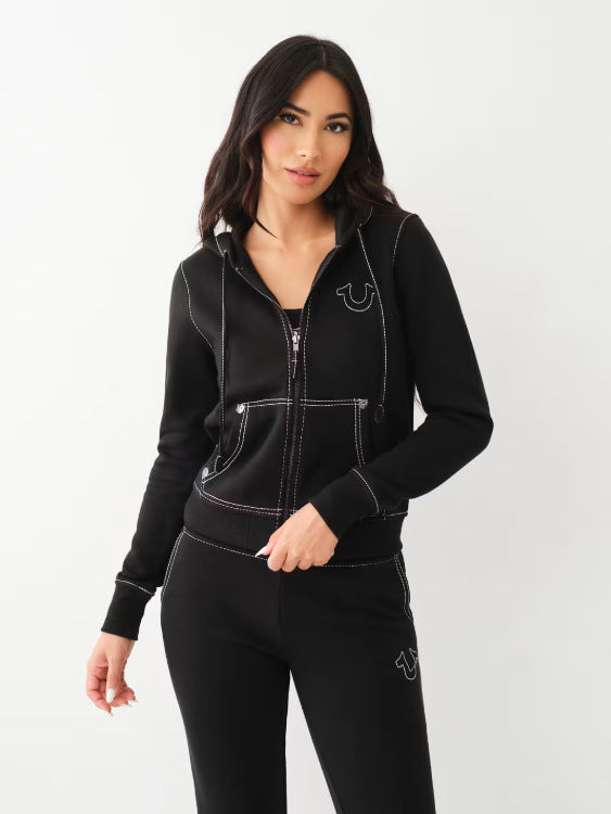 True Religion Vintage Stitch Zip Crop Hoodie Flare Pant Tracksuit Set