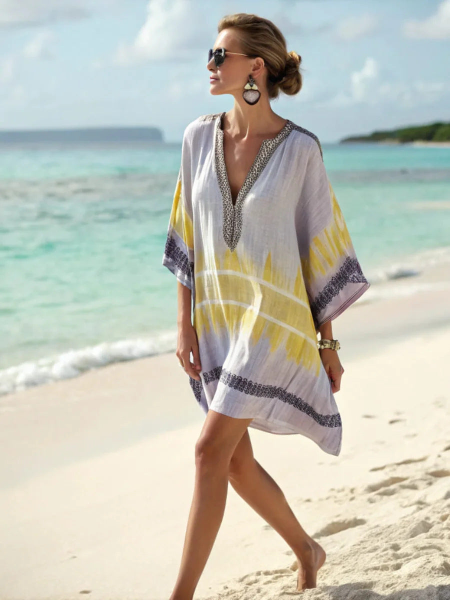 Women Boho Vertical Striped V Neck Loose Short Kaftan Beach Dress