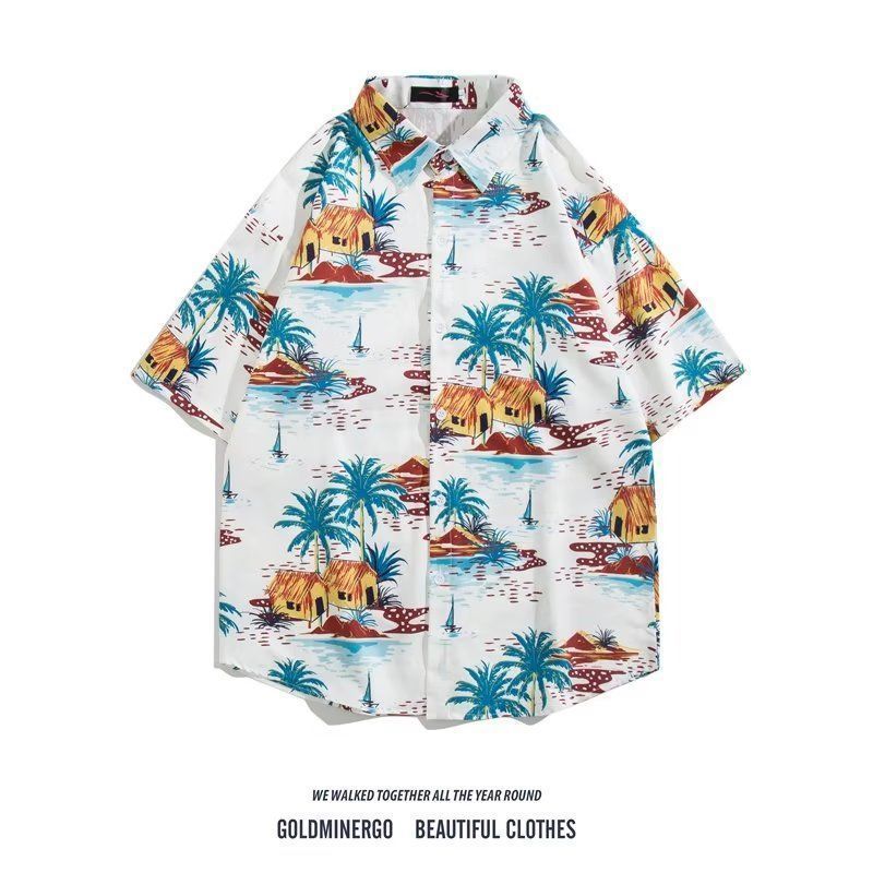 Mens Vintage Cartoon Tropical Print Short Sleeve Beach Shirt