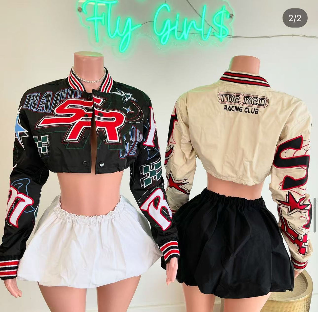 Embroidered Cropped Varsity Jacket Women Long Sleeve Baseball Coat