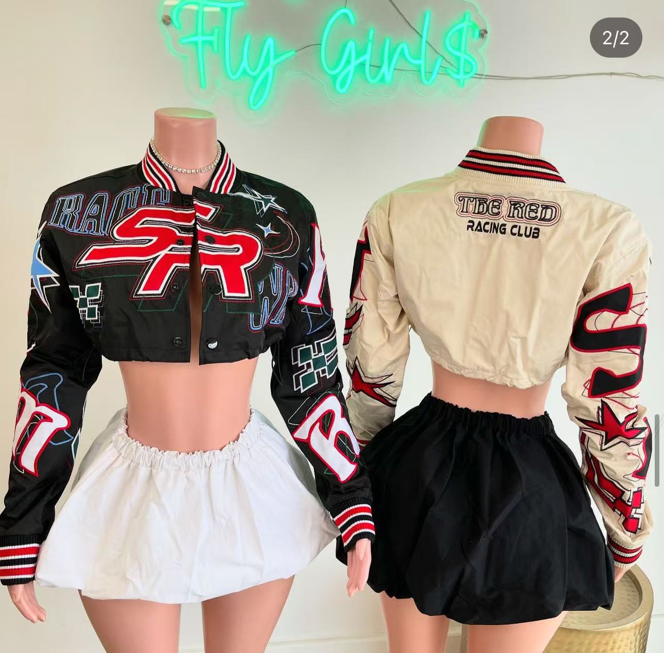 Embroidered Cropped Varsity Jacket Women Long Sleeve Baseball Coat
