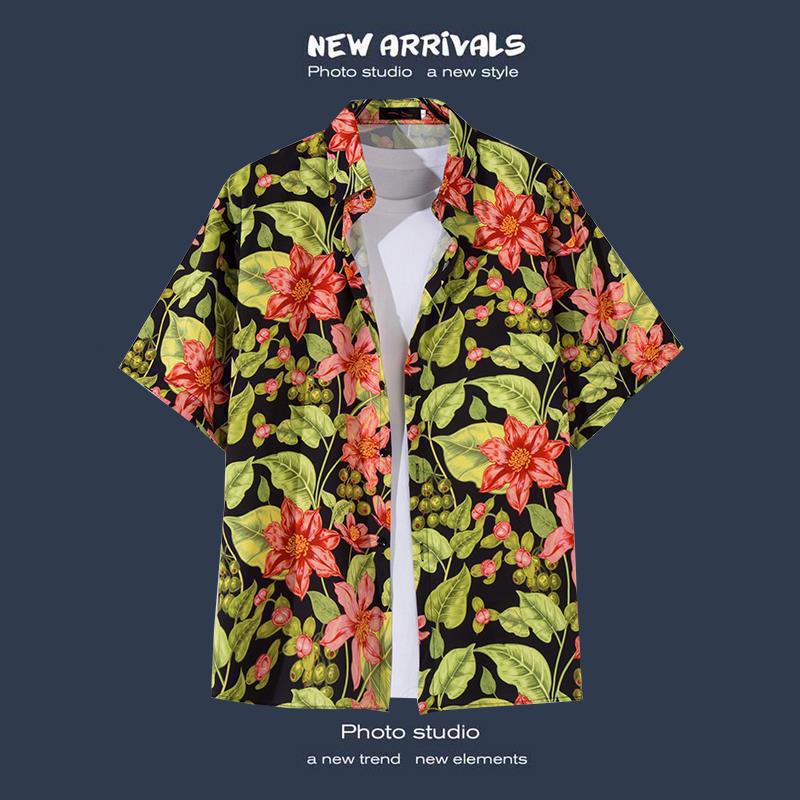 Mens Vintage Tropical Hawaiian Floral Loose Short Sleeve Beach Shirt