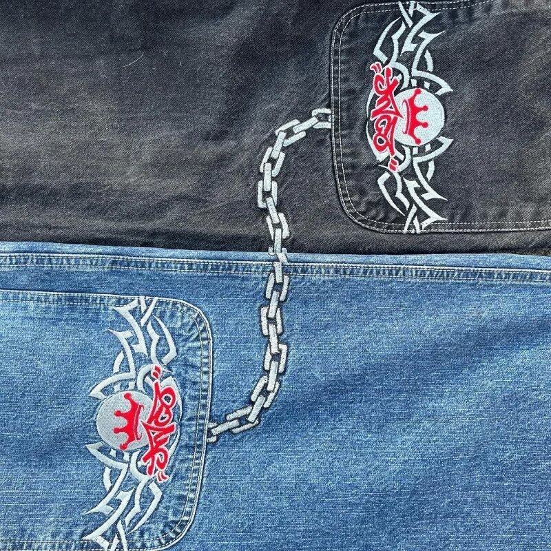 JNCO Style Y2K Embroidered Baggy Wide Leg Denim Jeans Unisex Streetwear Pants