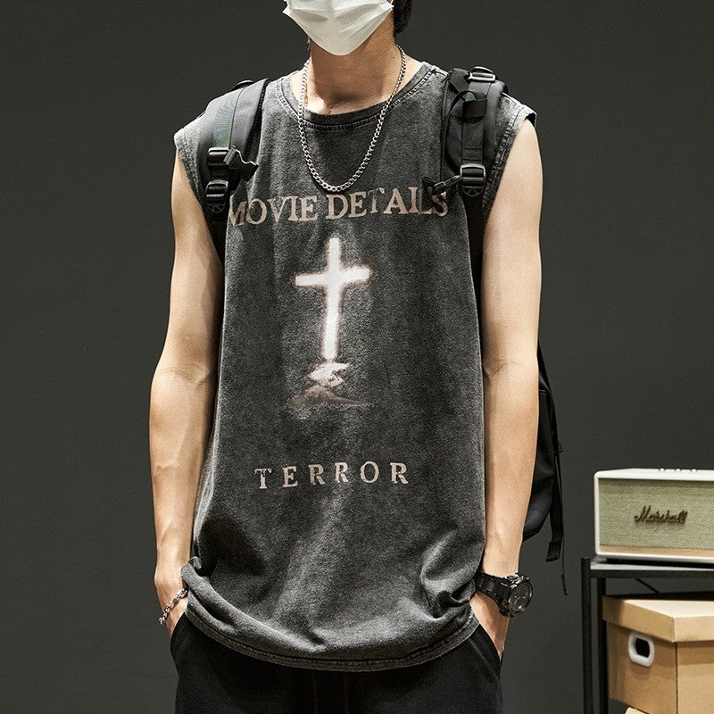 Vintage Washed Graphic Tank Mens Loose American Hip Hop Sleeveless Tee