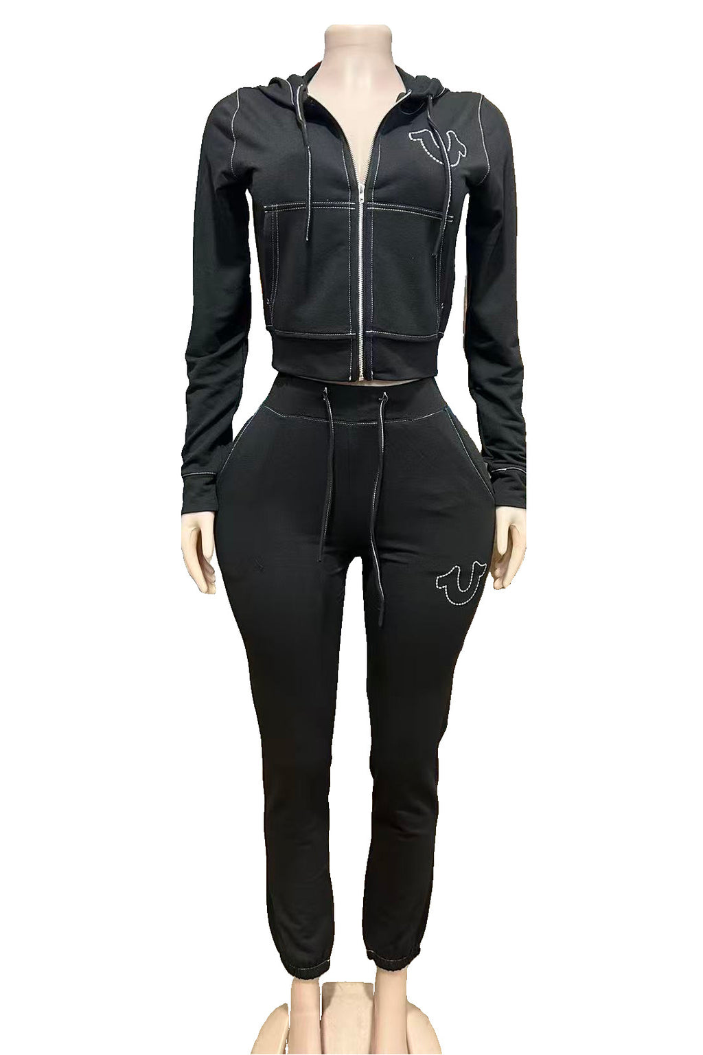 True Religion Vintage Stitch Zip Crop Hoodie Flare Pant Tracksuit Set