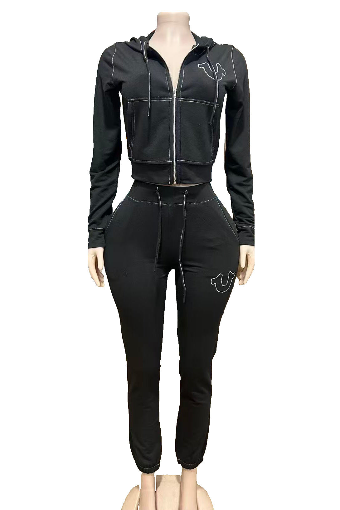 True Religion Vintage Stitch Zip Crop Hoodie Flare Pant Tracksuit Set