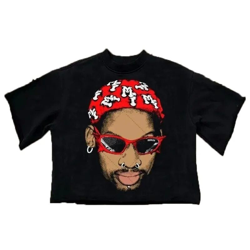 Merlin Worldwide Style Y2K Cartoon Portrait Oversized Vintage Baumwoll-T-Shirt