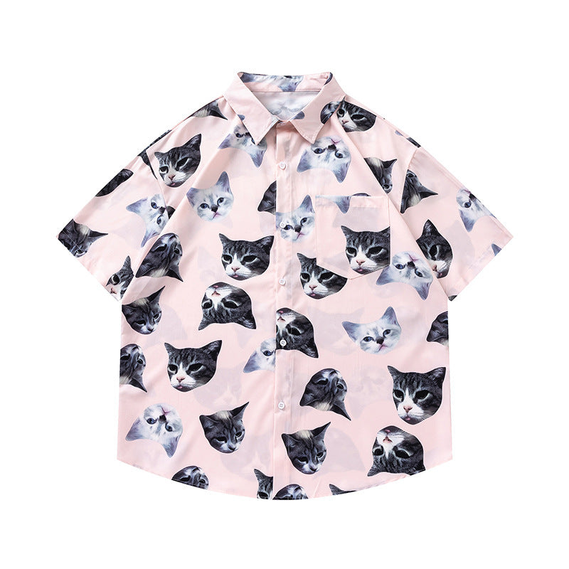 Collared Cat Print Open Front Tropical Short Sleeve Beach Shirt