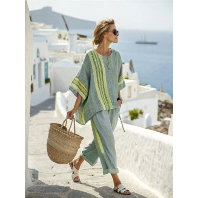 Women Boho Striped Plus Size Loose Kaftan Beach Set