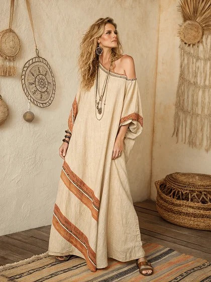 Women Boho Diagonal Striped Off Shoulder Loose Kaftan Maxi Beach Dress