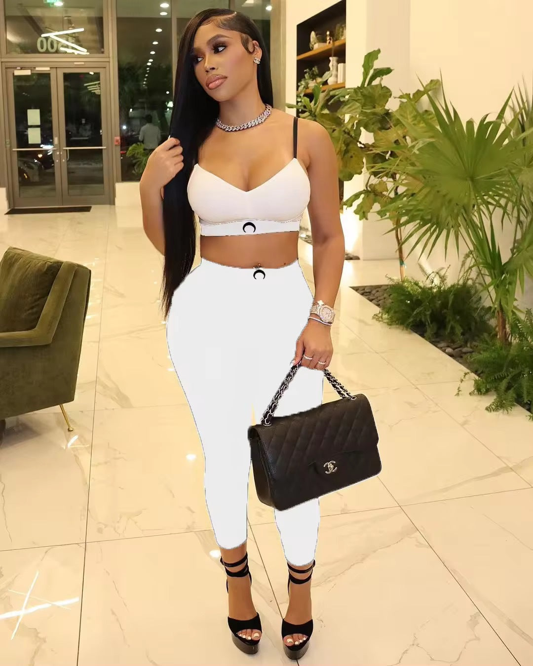 Moon Print Cami Crop Top High Waist Leggings 2 Piece Outfit Set