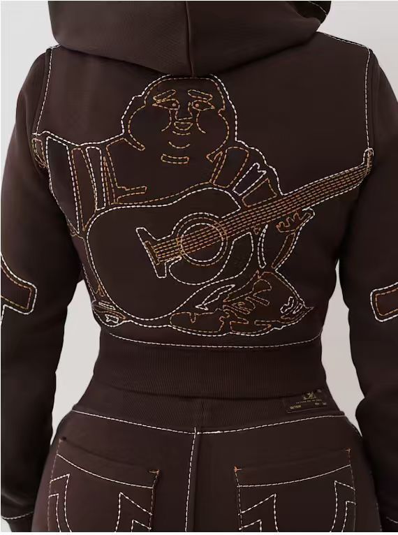 True Religion Stitch Embroidered Zip Crop Hoodie Flare Pants Tracksuit Set