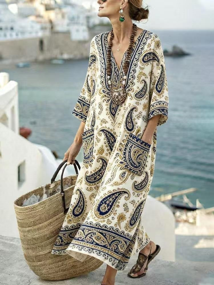 Women Boho V Neck Patch Pocket Print Loose Kaftan Maxi Beach Dress
