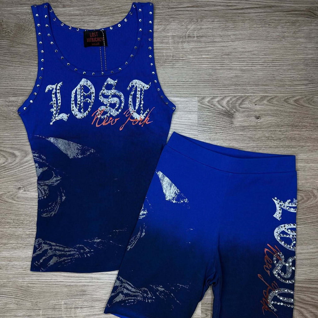Lost Intricacy Blue Grim Glam Crop Top Shorts 2 Piece Set Women