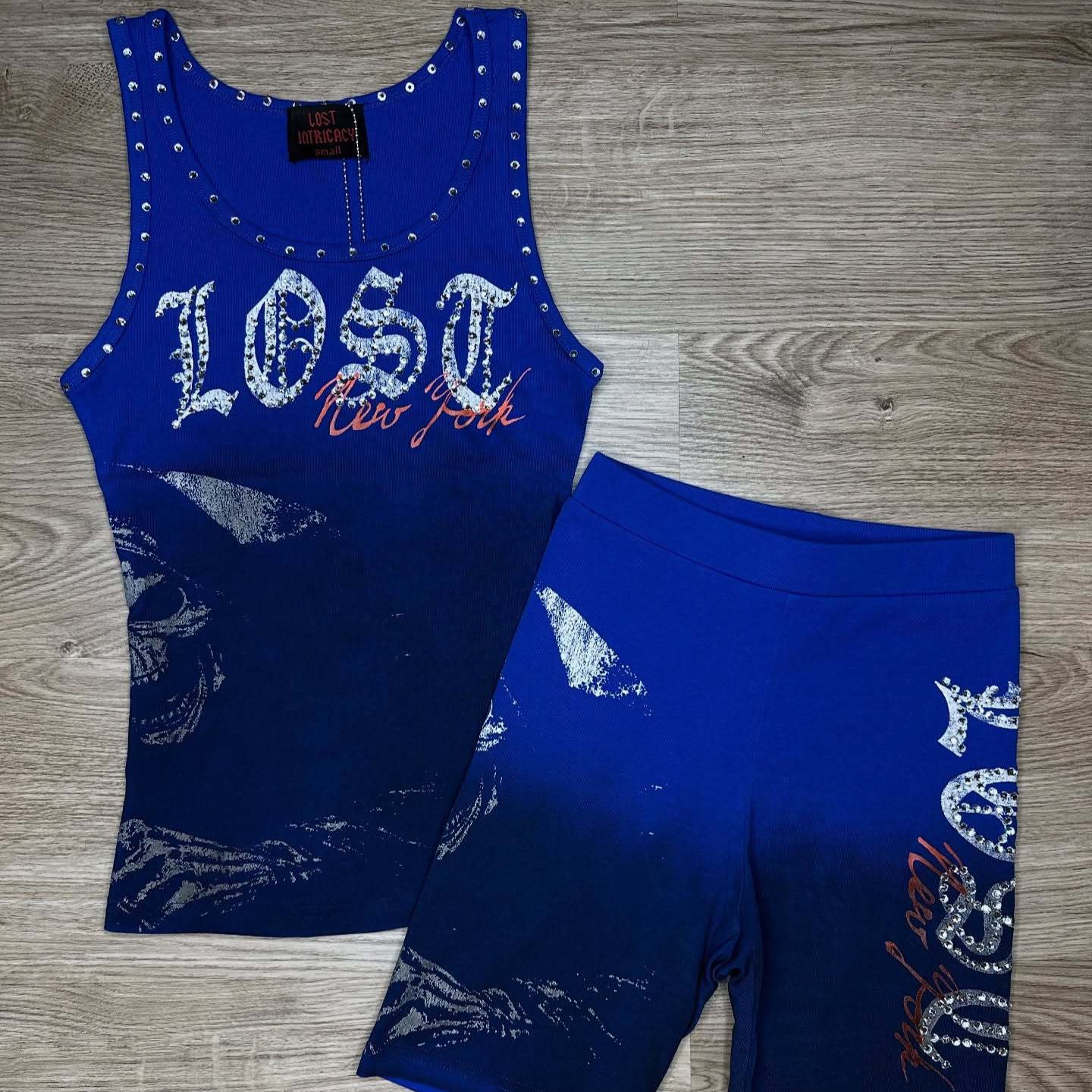Lost Intricacy Blue Grim Glam Crop Top Shorts 2 Piece Set Women