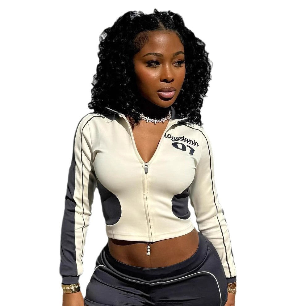 7Varsity Color Block Zip Crop Jacket Flare Pants 2 Piece Set Women