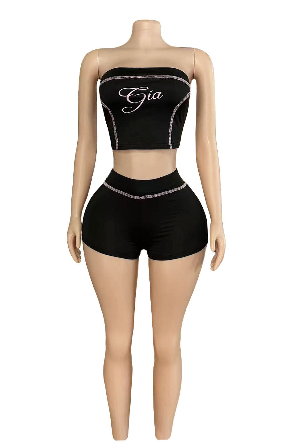 I.AM.GIA Stitch Letter Print Tube Top Biker Shorts 2 Piece Outfit Set
