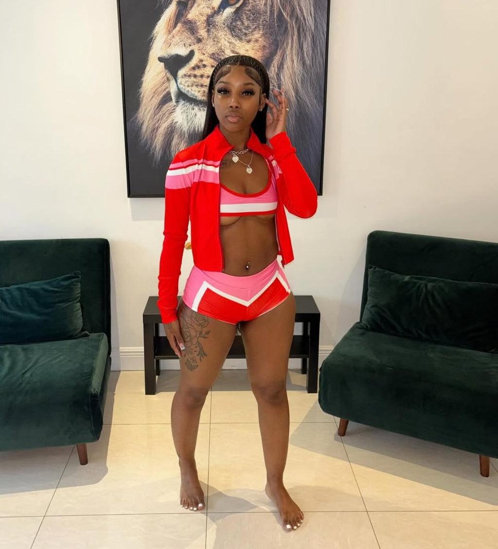 Y2K Color Block Zip Crop Jacket Bikini Short 3 Piece Set