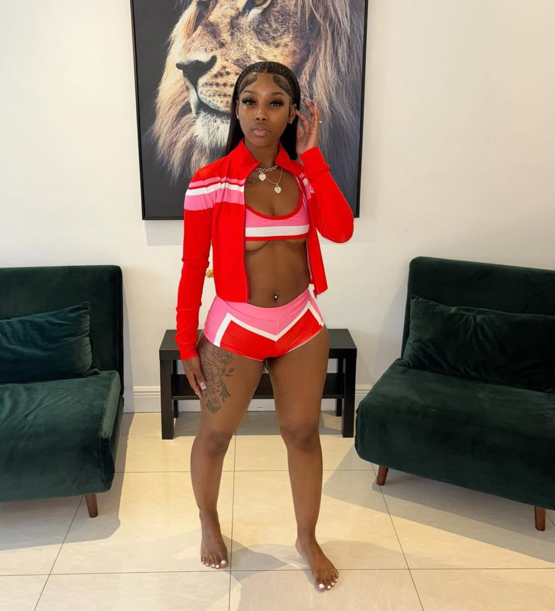 Y2K Color Block Zip Crop Jacket Bikini Short 3 Piece Set
