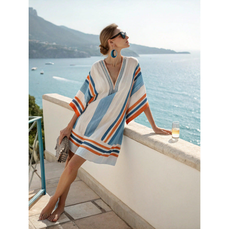 Women Boho Striped V Neck Loose Kaftan Midi Beach Dress