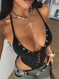Y2K Halter Deep V Lace Up Front Sleeveless Bodysuit Women