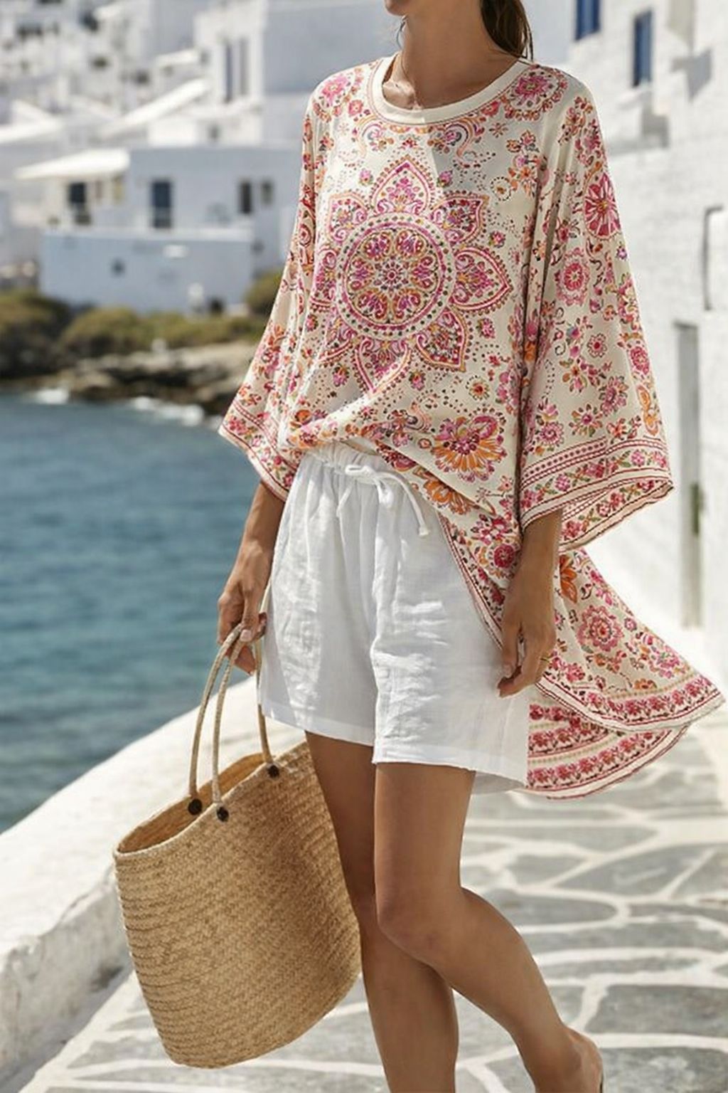 Boho Striped Batwing Beach Two Piece Short Set