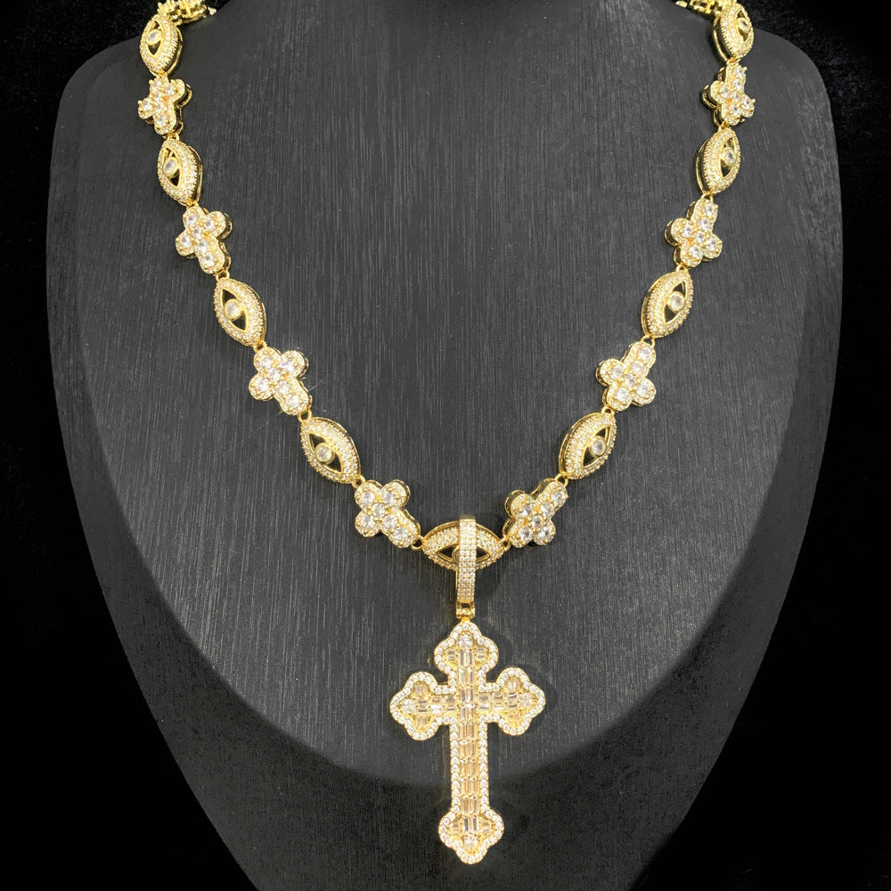 Iced Evil Eye Cross Pendant Hip Hop Chain Necklace