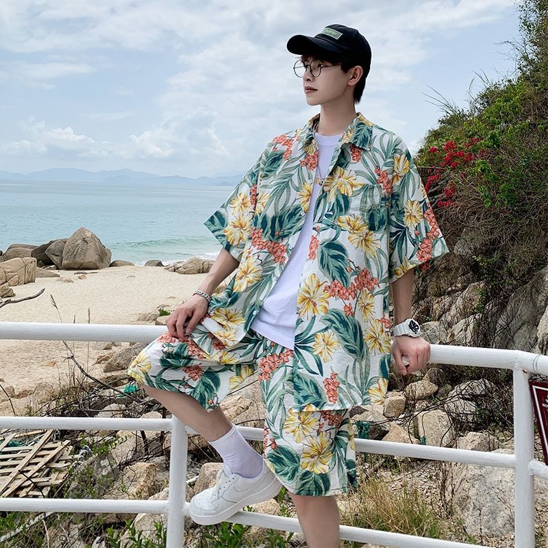 Couple Quick Dry Floral Loose Tropical Beach Shirt Shorts Set