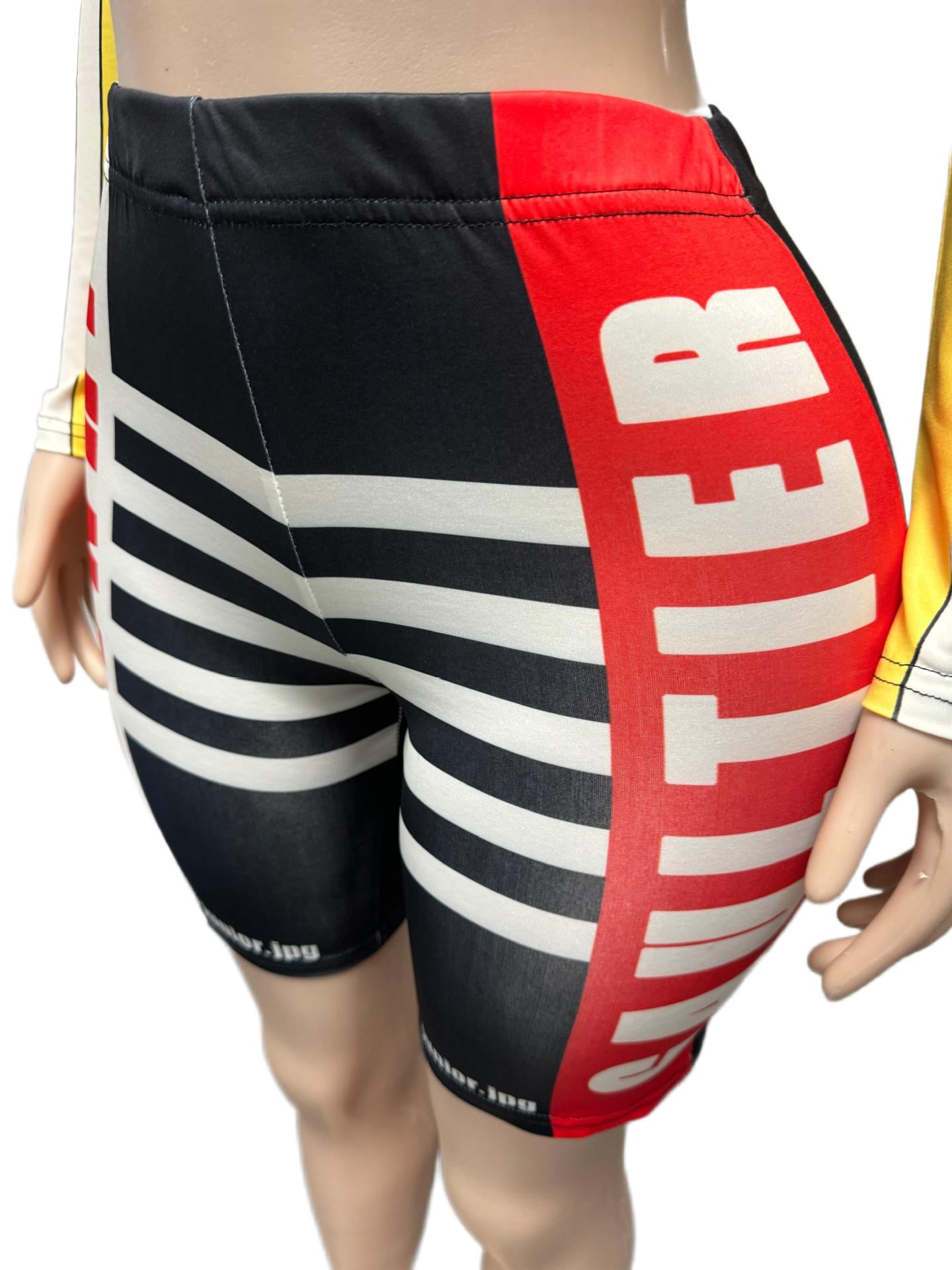 Color Block Letter Print Long Sleeve Crop Top Biker Shorts 2 Piece Set Women