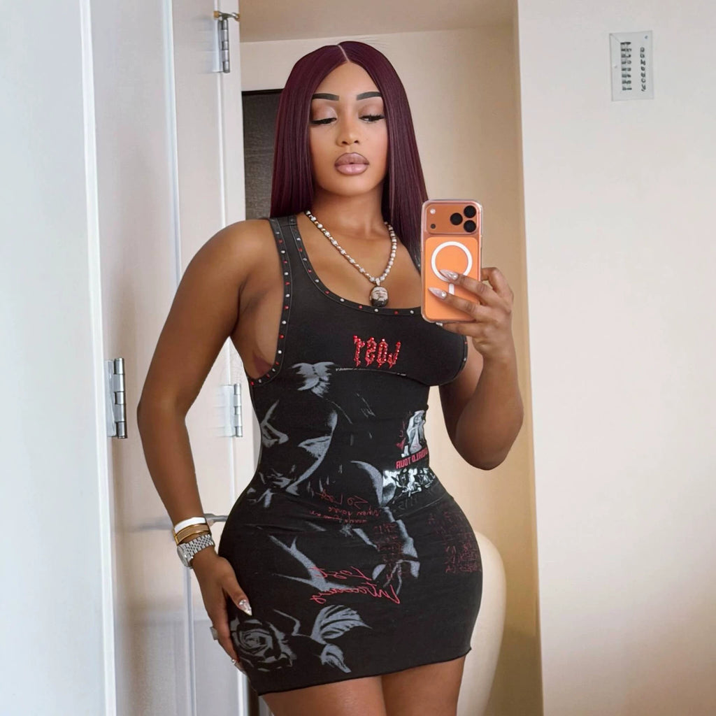 Lost Intricacy Black Broken Hearts Rivet U Neck Bodycon Mini Dress